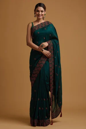 Bottle Green Threadwork Soft Silk Saree