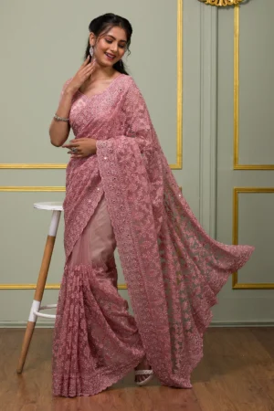 Onion Pink Threadwork Net Designer Saree