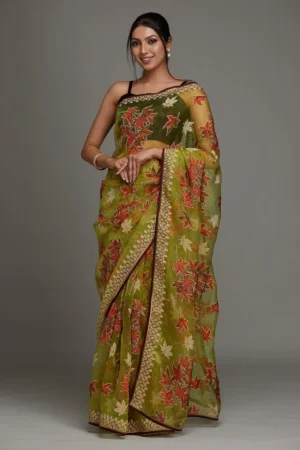 Parrot Green Printed Organza Designer Saree