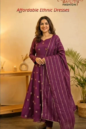Ethnic Embroidered Zari Panelled Anarkali Kurta With Pyjamas